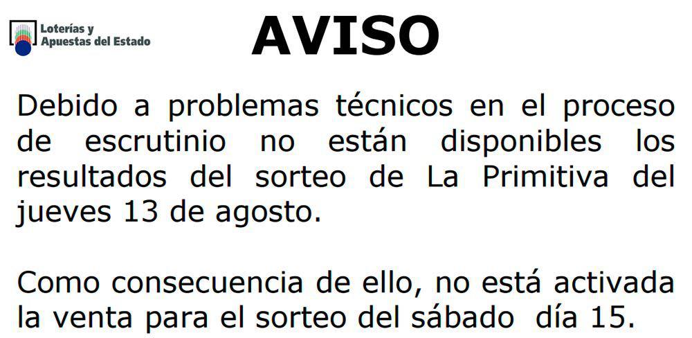 Aviso oficial emitido por Loterías y Apuestas del Estado
