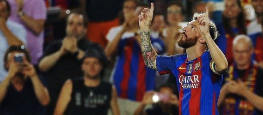 Messi celebra uno de los tres goles que anotó ante el Celtic. Foto: Twitter.