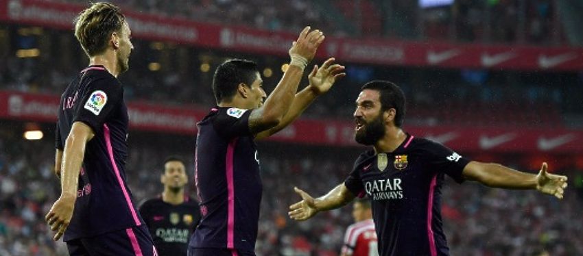 Turan celebra junto a Suárez y Rakitic el gol del croata frente al Athletic. Foto: Twitter.
