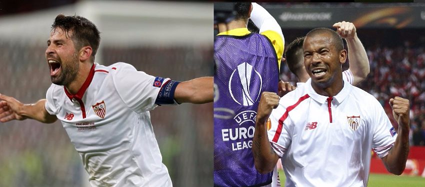 Coke y Mariano celebran la victoria del Sevilla. Foto: LaLiga, Twitter.