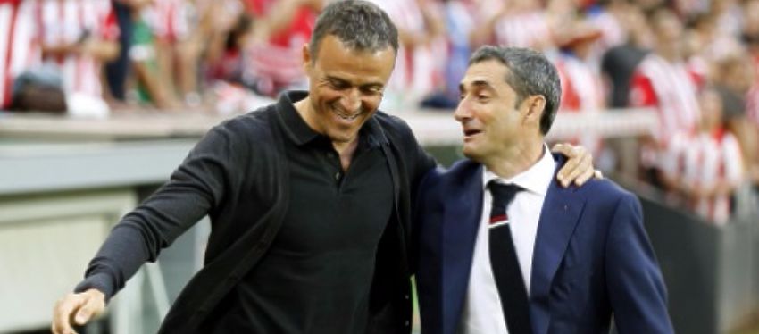 Luis Enrique saluda a Ernesto Valverde minutos antes del encuentro. Foto: Twitter.