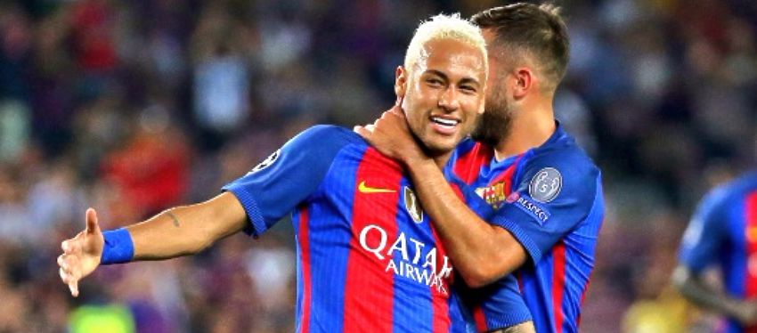 Neymar celebra un gol junto a Jordi Alba. Foto: @sportags.
