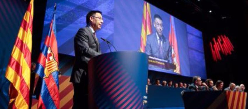 Josep María Bartomeu durante su intervención en el Congreso Mundial de Peñas | Foto: @FCBarcelona