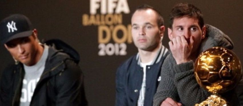 Cristiano Ronaldo, Iniesta y Messi en la edición del año 2012. Foto: @nolosabiasfut.