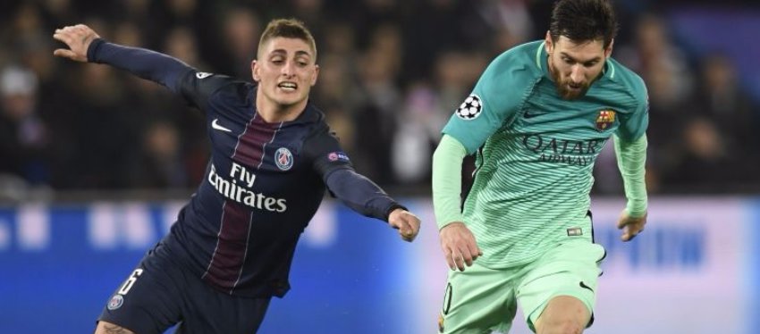 Verratti y Messi, en un partido de Champions. Foto: Twitter.