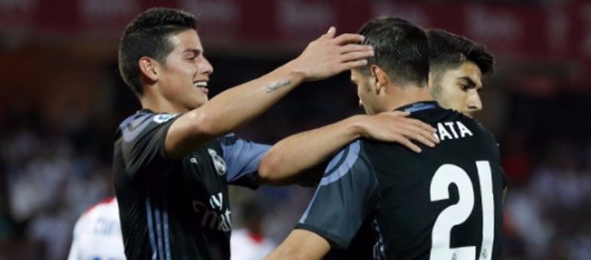 Foto: James y Morata celebran el gol de Morata