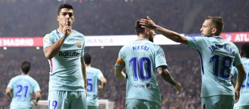 Suárez, Messi y Alba celebran el empate ante el Atleti. Foto: @optajose.