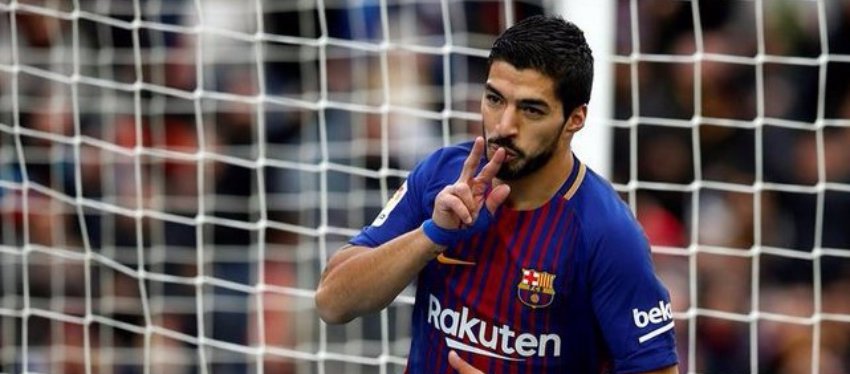 Suárez celebra un gol con el Barça. Foto: Twitter.