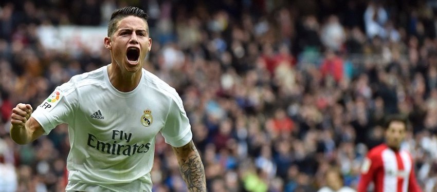 James celebra un gol con el Real Madrid ante el Athletic. Foto: Getty Images.