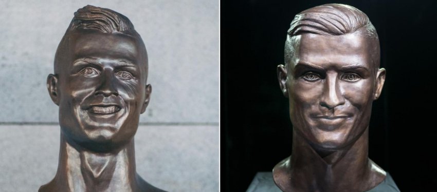 El antes y el después del busto de Cristiano Ronaldo. Foto: Twitter.