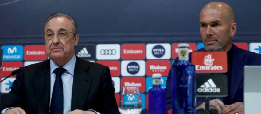 Florentino Pérez y Zidane, en la despedida del francés como entrenador del Real Madrid. Foto: Twitter.